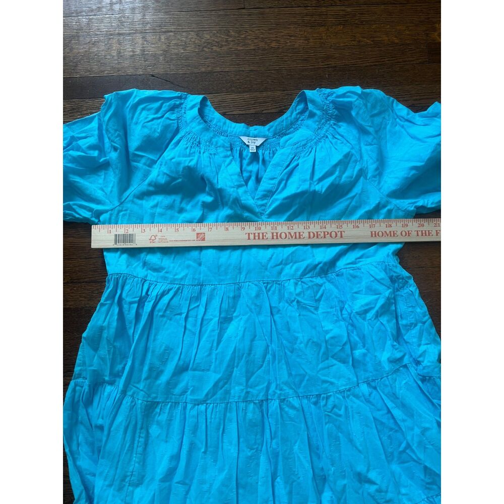 Crown & Ivy Pleated Ruffle Aqua 100% Cotton Short Sleeve Mini Dress Petite Small - Picture 9 of 9